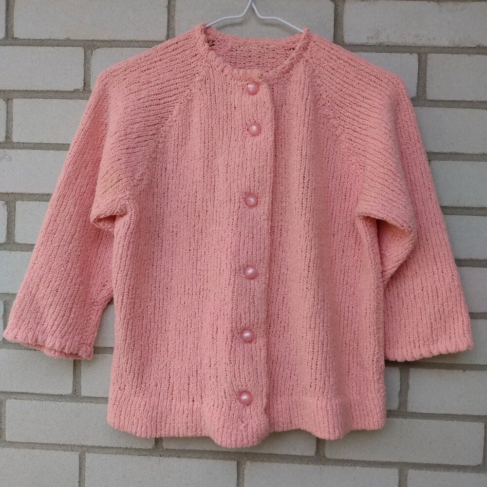 Vintage 60s Pink Boucle Cardigan Sweater 35" Bust Moonglow Buttons Retro 50s